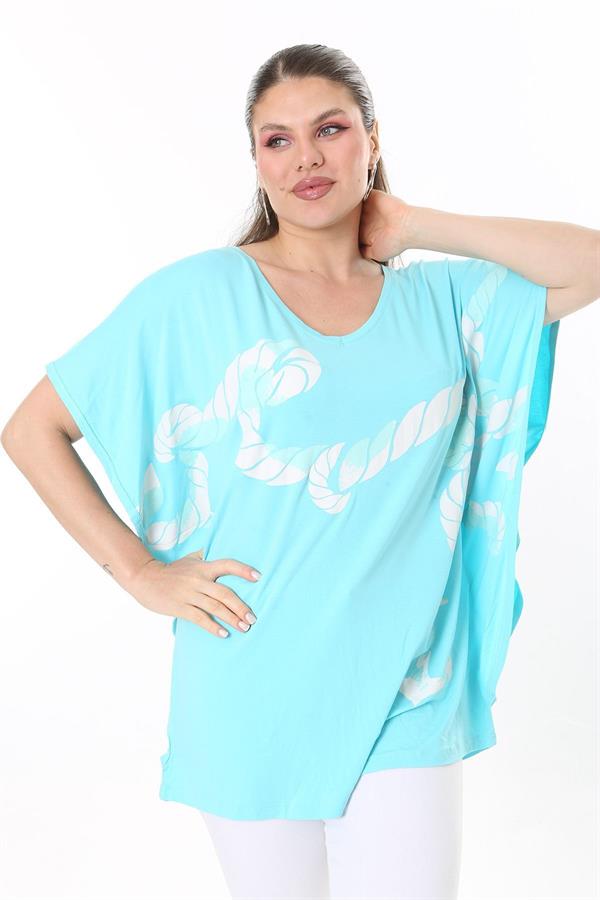 Kadın Büyük Beden Haki Renk Kombinli Uzun Kollu Tunik