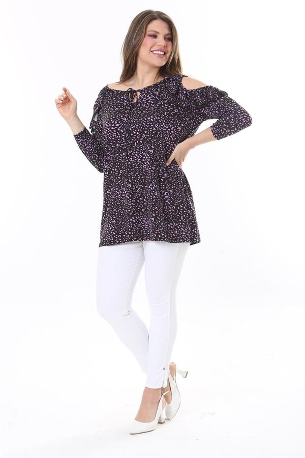 Kadın Büyük Beden Renkli Omuz Dekolte Ve Volan Detaylı Bluz 65N37800