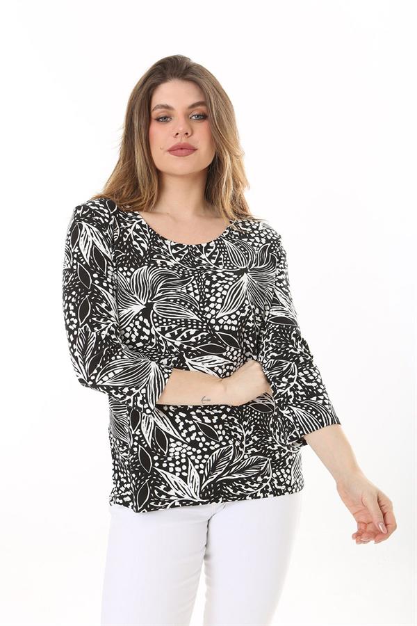 Kadın Büyük Beden Siyah Bisiklet Yakalı Uzun Kollu Bluz 65N37585