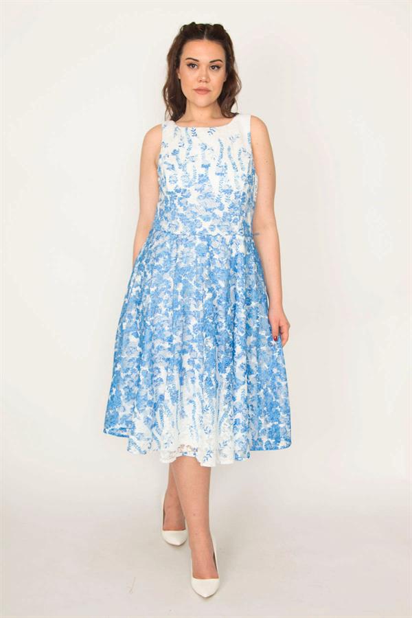 WOMEN'S BLUE BACK ZIPPERED LINED LACE DRESS