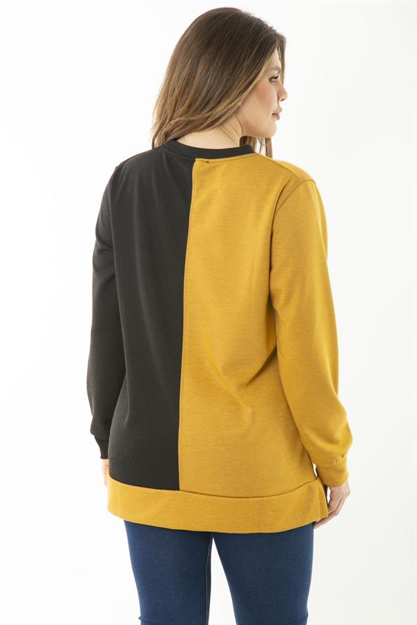 Kadın Büyük Beden Hardal Dueble Face Kumaş Renk Kombinli Sweatshirt 65N37124