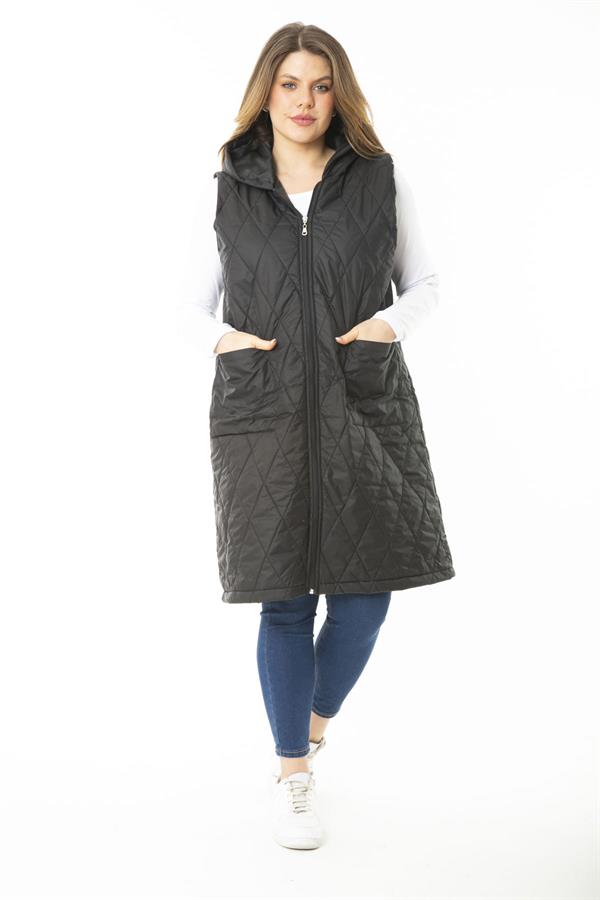 Kadın Büyük Beden Haki Ön Dermuarlı Kapşonlu Kapitone Astarlı Uzun Mont 65N37107