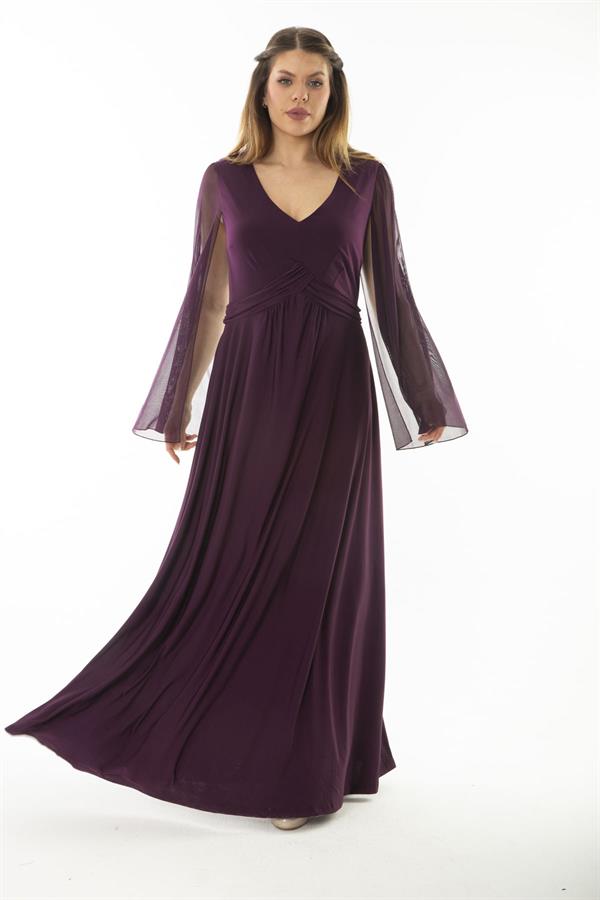 Kadın Büyük Beden Lacivert Bel Detaylı Kolları Tül Abiye Elbise 65N37065