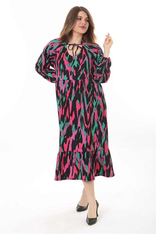 Kadın Büyük Beden Renkli V Yakalı Bürümcük Kumaş Uzun Kollu Katlı Elbise 65N37621