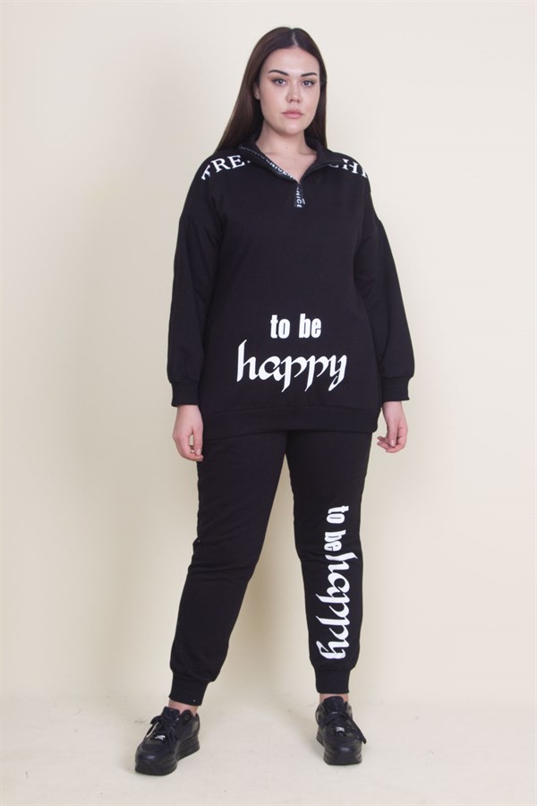 Kadın Gri Pat Fermuar Detaylı Şardonlu Baskılı Eşofman Takım 65N21019