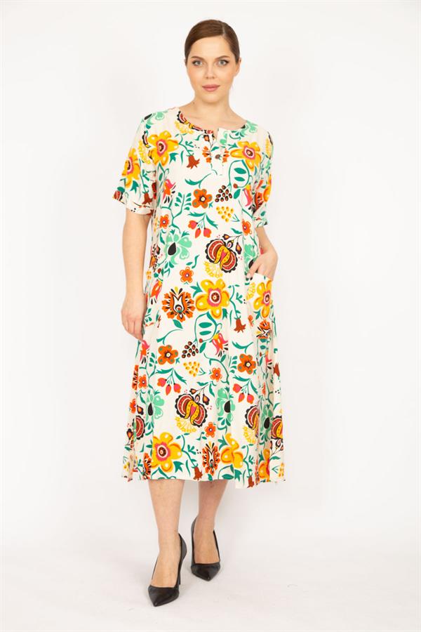 Kadın Renkli Büyük Beden Dokuma Viskon Kumaş Ön Pat Düğmeli Cepli Elbise 65N35839