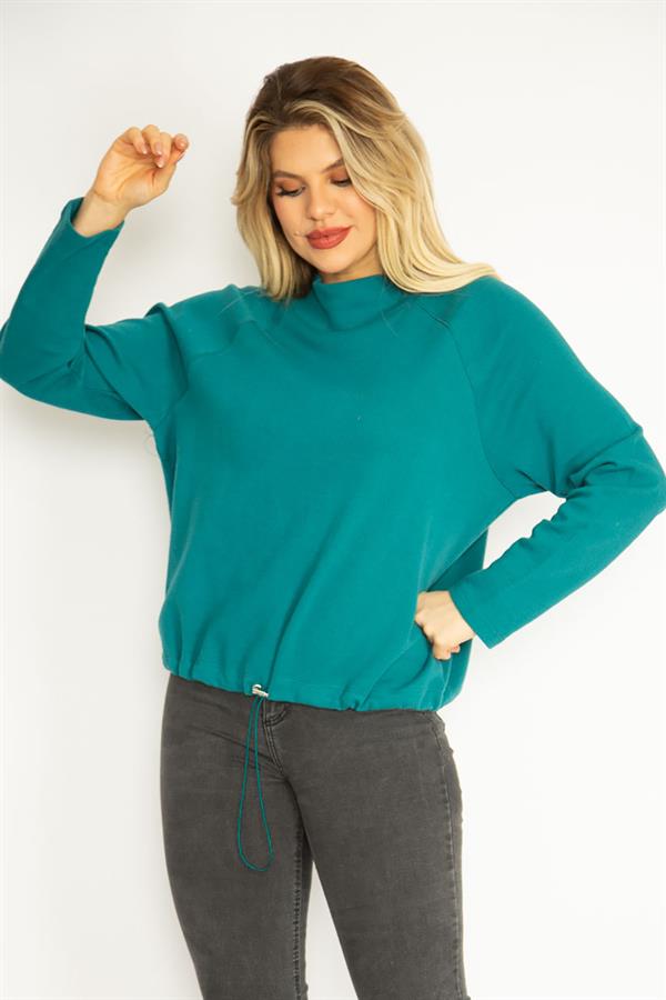 Kadın Yeşil Büyük Beden Reglan Kol Etek Ucu Kuşgözü Bağcıklı Sweatshirt 65N35790