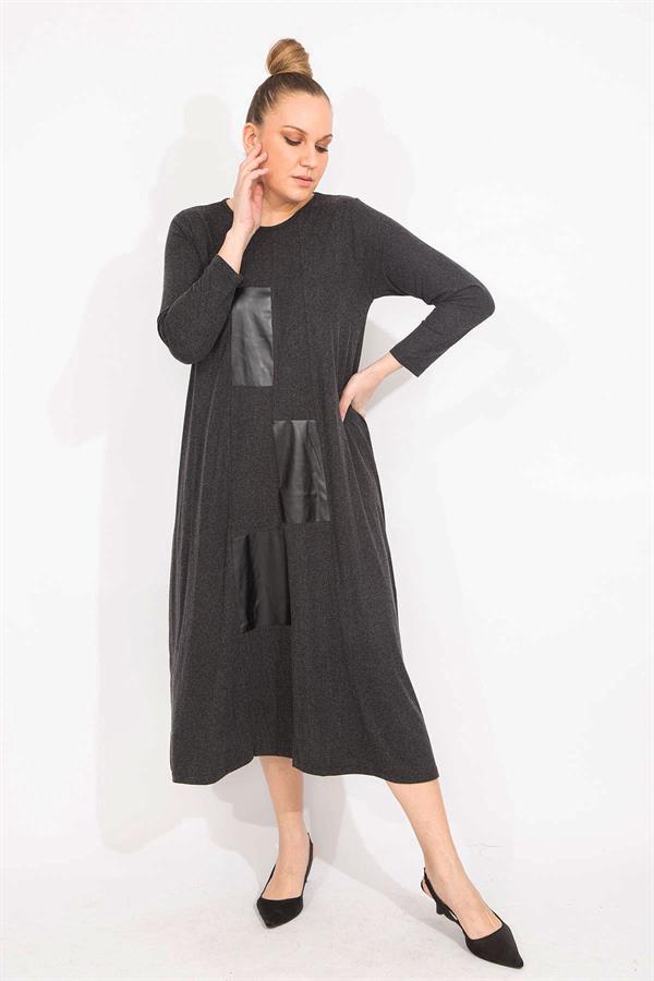Kadın Antrasit Suni Deri Garnili Uzun Kollu Elbise 65N35528