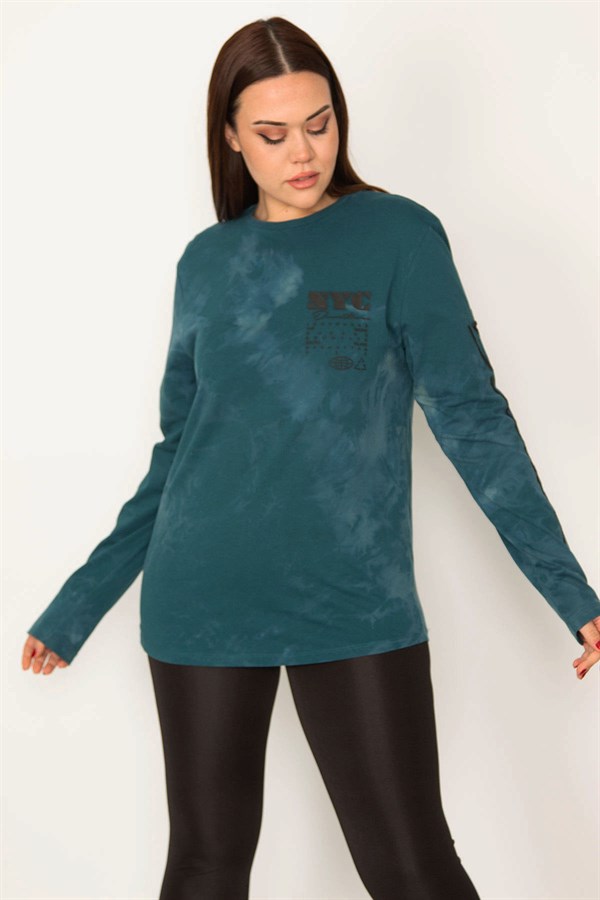 KADIN PETROL PAMUKLU KUMAŞ BATİK DESENLİ UZUN KOLLU BLUZ