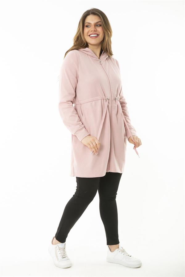 Kadın Büyük Beden Pembe Kapşonlu Belden Büzgü Bağcıklı Sweatshirt 65N37119