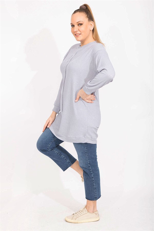 Kadın Gri Kaşkorse Kumaş Ön Dikiş Detaylı Uzun Tunik 65N35498