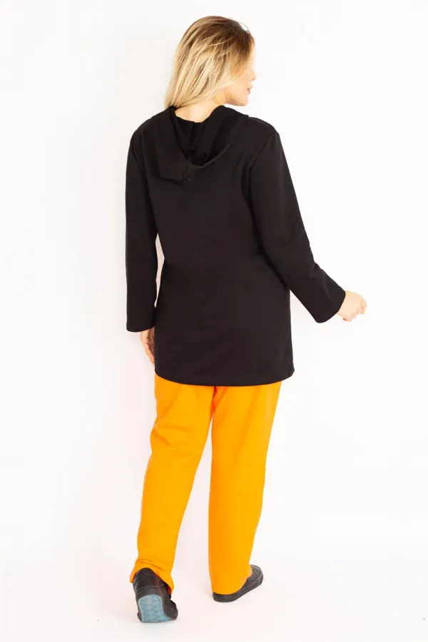 Kadın Büyük Beden Oranj-Siyah, Cep Kombinli Kapşonlu Ön Fermuarlı Sweatshirt Pantolon Takım 65N39162