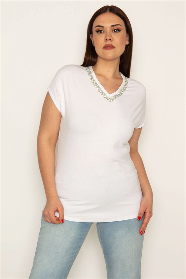 KADIN BEYAZ V YAKA DÖKME TAŞ DETAYLI BLUZ