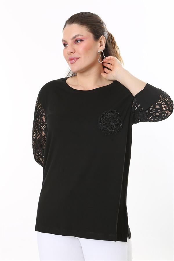 Kadın Büyük Beden Siyah Göğsü Aplike İşli Kolları Dantel Bluz 65N37690