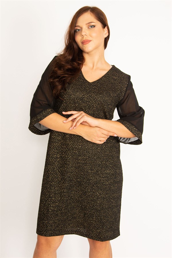 Kadın Gri Sim Detaylı Kolları Şifon Elbise 65N34746