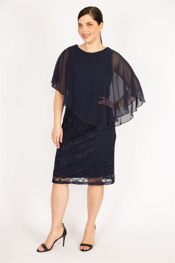 Kadın Lacivert Büyük Beden Şifon Pelerinli Astarlı Dantel Elbise