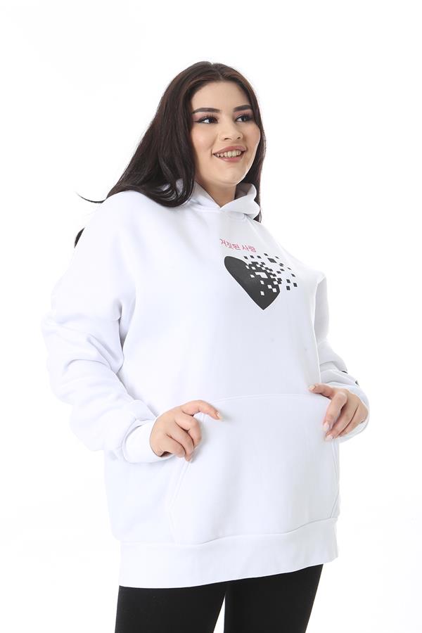 Women's Plus Size White Polar Fleece Print and Hooded Detailed Sweatshirt 65N38623