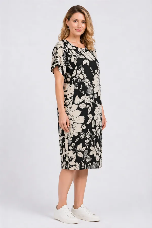 Kadın Büyük Beden Siyah, Çiçek Desenli Cepli Viskon Elbise 65N39471