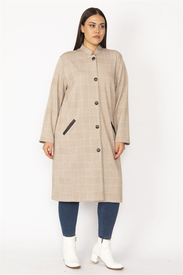 Hakim Yaka Ekose Desenli Ön Boy Baskı Düğmeli Cep Ağzı Suni Deri Garnili Astarsız Uzun Kap