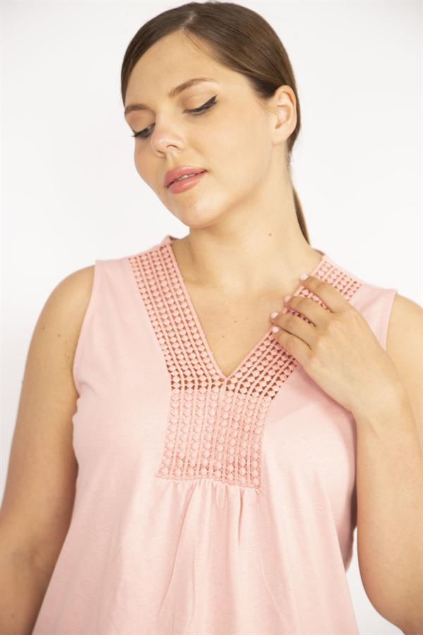 Kadın Kemik Büyük Beden Pamuklu Kumaş Yakası Dantel Detaylı Bluz