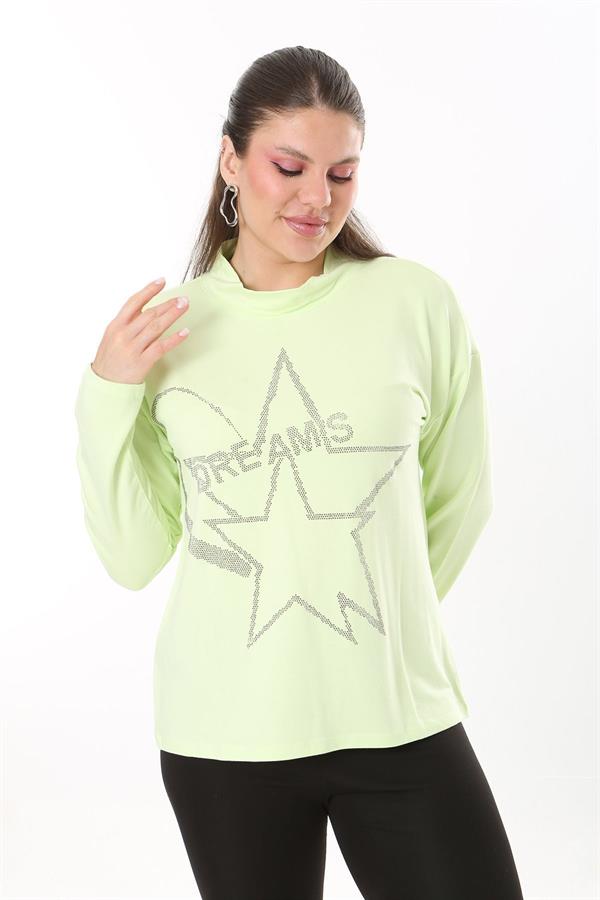 Kadın Büyük Beden Yeşil Sıfır Yaka Taş Detaylı Uzun Kollu Bluz 65N37708