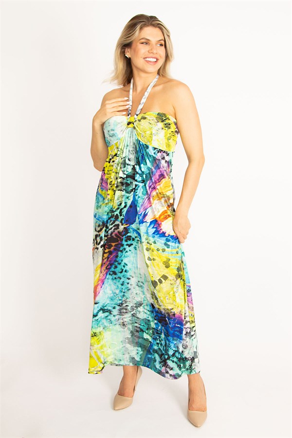 Kadın Renkli Straplez Renkli Uzun Elbise 65N34443