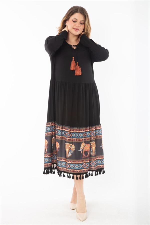 Kadın Büyük Beden Siyah Dijital Baskı Detaylı Öpücük Yakalı Katlı Elbise 65N37336