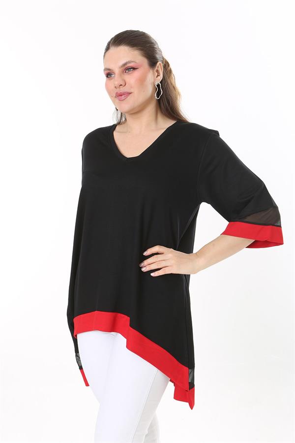 Kadın Büyük Beden Kemik Kol Ve Etek Ucu Tül Ve Garni Detaylı V Yakalı Arkası Uzun Tunik 65N37681