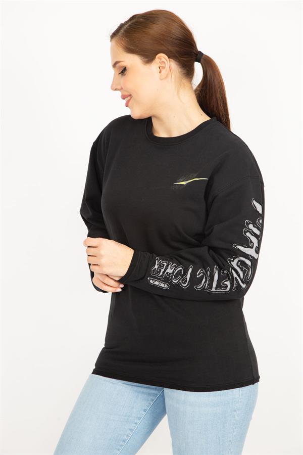 Kadın Siyah Büyük Beden Pamuklu Kumaş Kol Detaylı Sweatshirt