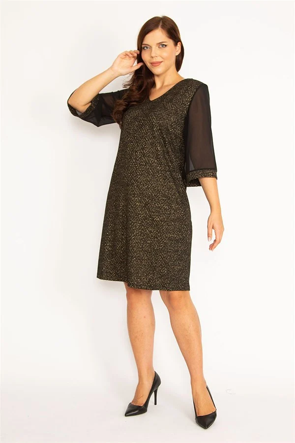 Kadın Gri Sim Detaylı Kolları Şifon Elbise 65N34746