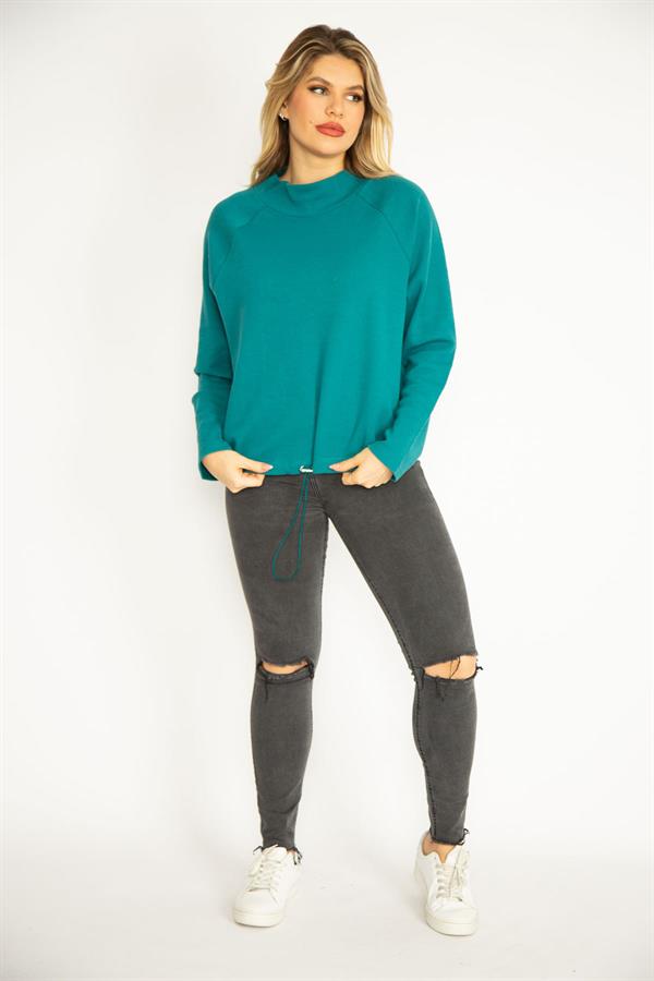 Kadın Yeşil Büyük Beden Reglan Kol Etek Ucu Kuşgözü Bağcıklı Sweatshirt 65N35790
