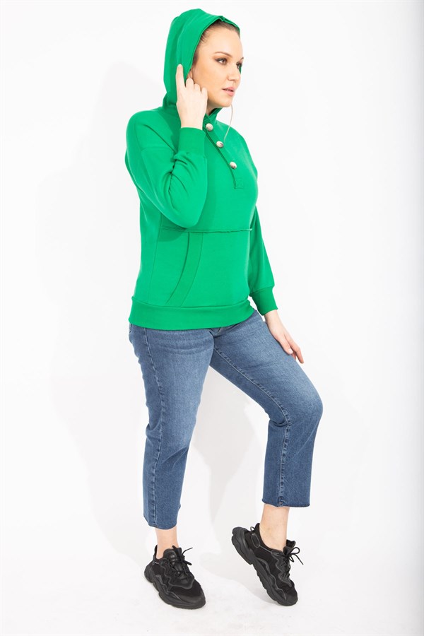 Kadın Siyah İçi Şardonlu 2 İplik Kumaş Ön Pat Düğmeli Kanguru Cep Ve Kapşonlu Sweatshirt 65N35462