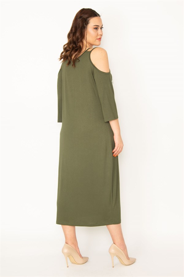 KADIN HAKİ OMUZ DEKOLTELİ ÖN BASKILI ELBİSE