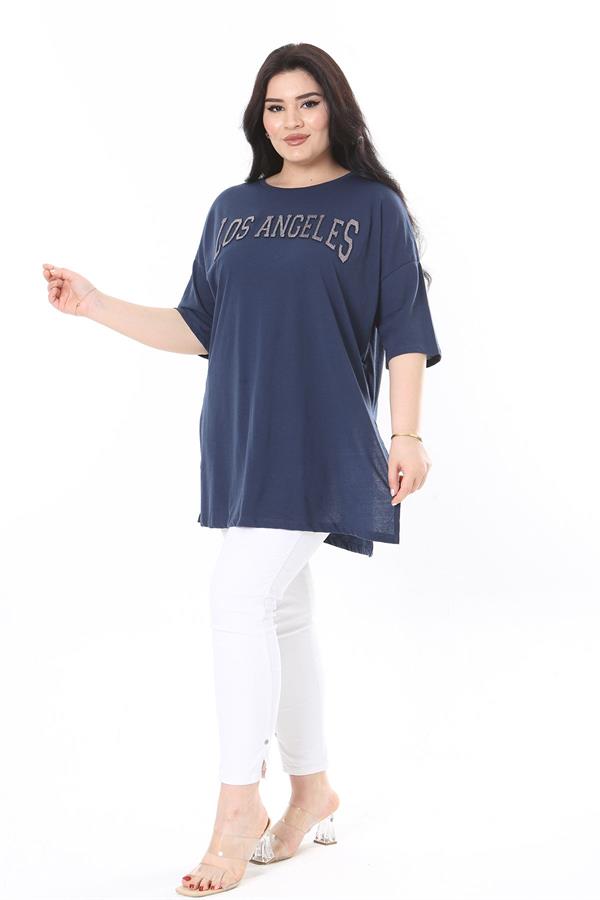 Kadın Büyük Beden Lacivert Sim Detaylı Bisiklet Yaka Yan Yırtmaçlı Kısa Kollu Bluz