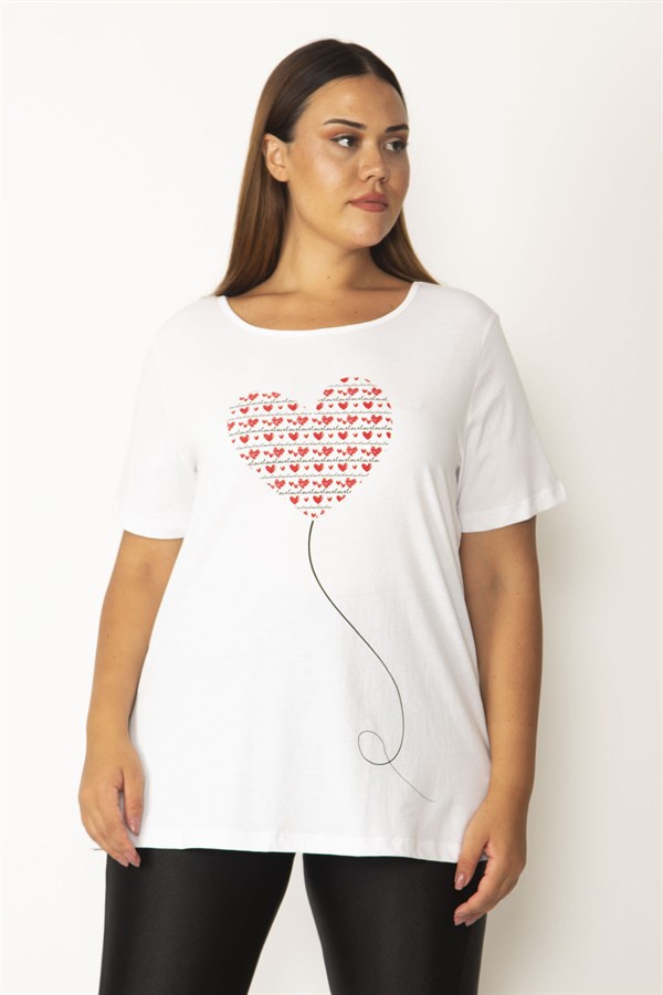 Kadın Beyaz Pamuklu Kumaş Kalp Baskılı Bluz 65N28156