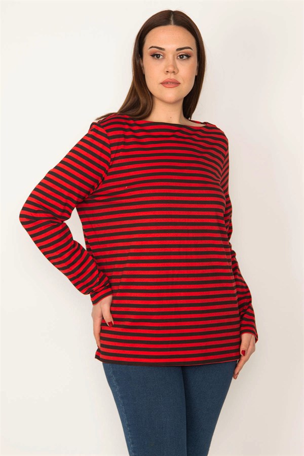 KADIN KIRMIZI BİSİKLET YAKALI UZUN KOLLU ÇİZGİLİ BLUZ