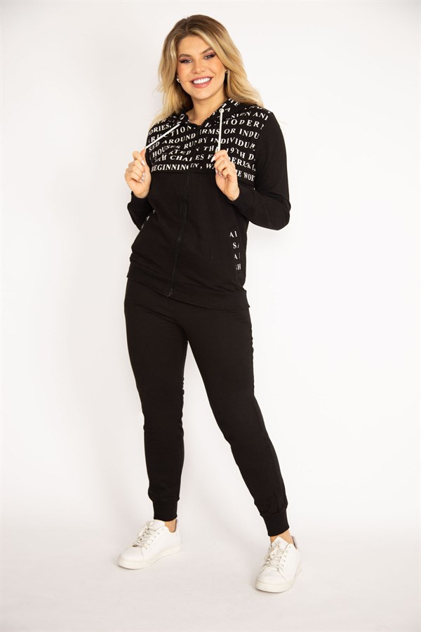 Kadın Siyah Fermuar Ve Kapşon Detaylı Baskılı Eşortman Takım 65N34841