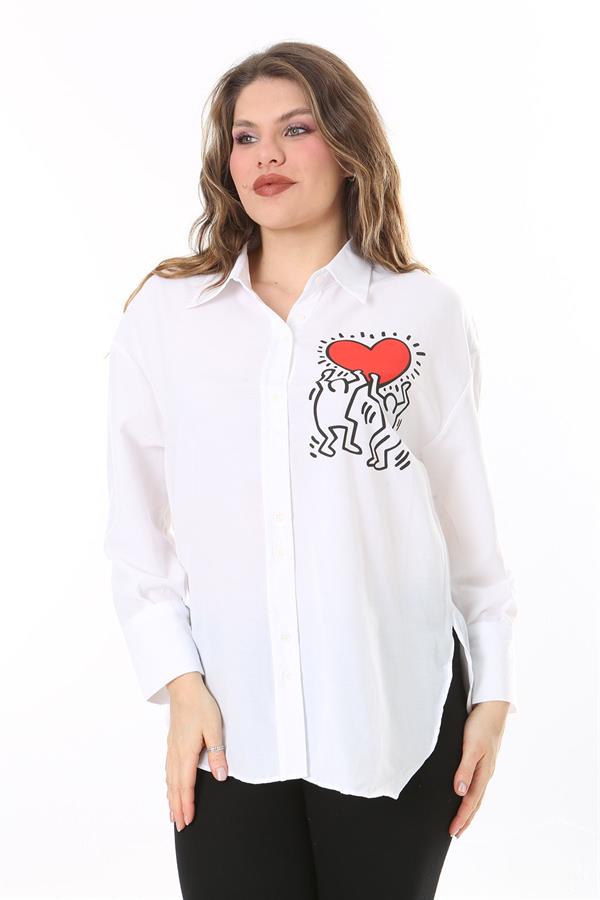 Kadın Büyük Beden Beyaz Ön Düğmeli Arkası Baskılı Gömlek 65N38021