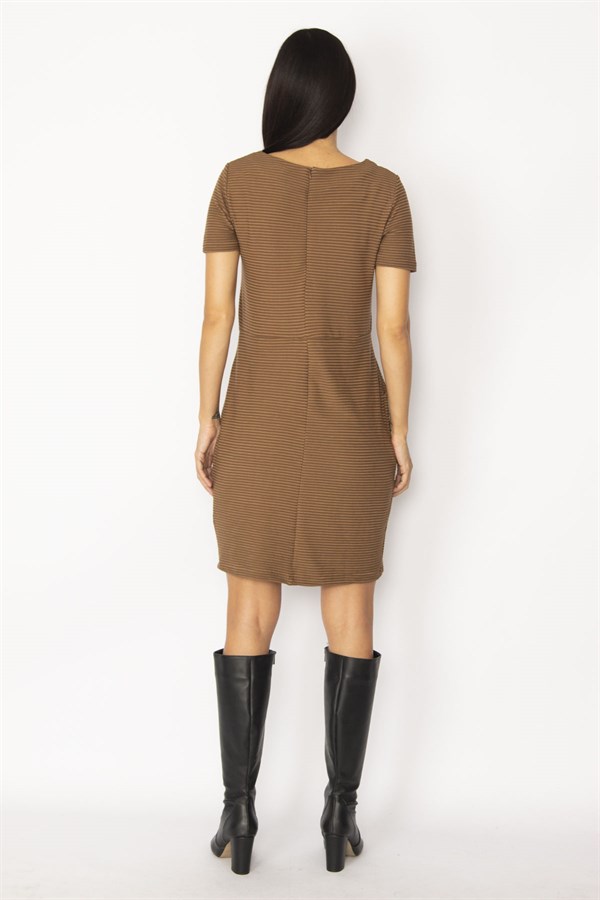 WOMEN'S BROWN SELF-STRIPED DRESS WITH POCKETS