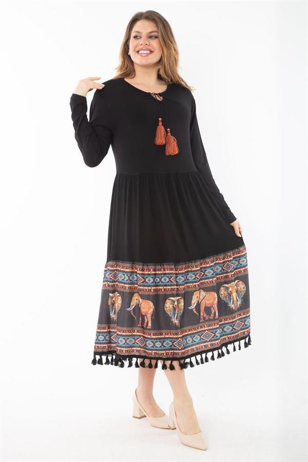 Kadın Büyük Beden Siyah Dijital Baskı Detaylı Öpücük Yakalı Katlı Elbise 65N37336