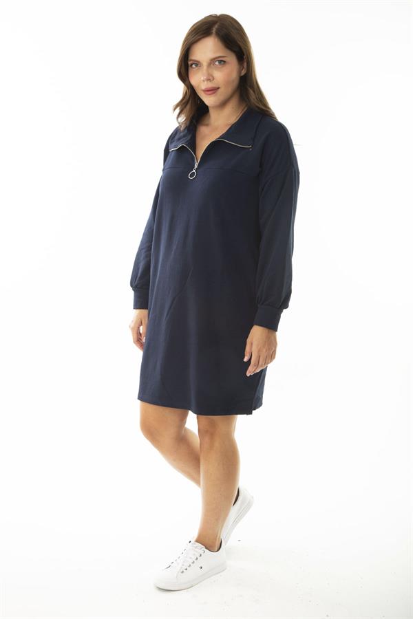 Kadın Büyük Beden Lacivert Ön Pat Fermuarlı Dik Yakalı Sweatshirt Elbise 65N36968