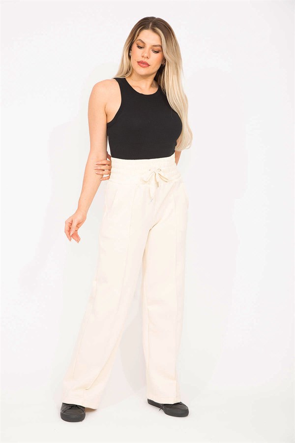 Kadın Bej Likralı Scuba Kumaş Beli Geniş Lastik Ve Ütü İzi Dikiş Detaylı Pantolon 65N35275