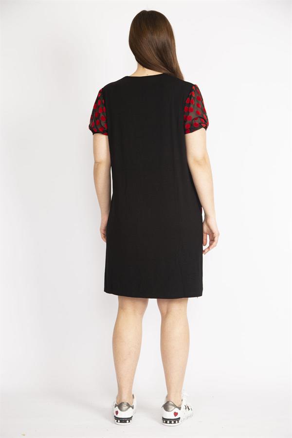 Kadın Siyah Büyük Beden Kol Ve Cepleri Desenli Tül Detaylı V Yakalı Elbise