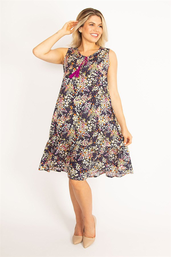 Kadın Lacivert Dokuma Viskon Kumaş Etek Ucu Katlı Elbise 65N34438