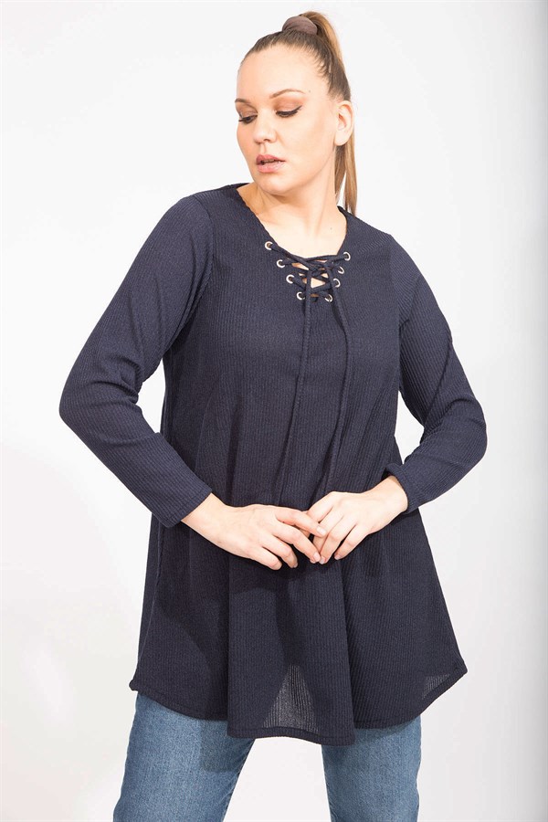 Kadın Antrasit Rahat Kesim Kaşkorse Kumaş Yakası Kuşgözü Bağcık Detaylı Uzun Tunik 65N35499