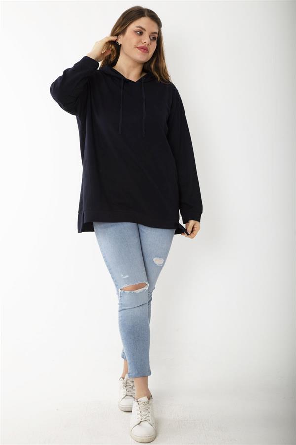 Women's Plus Size Navy Blue Relaxed Cut Side Slit Hooded Sweatshirt 65N37200