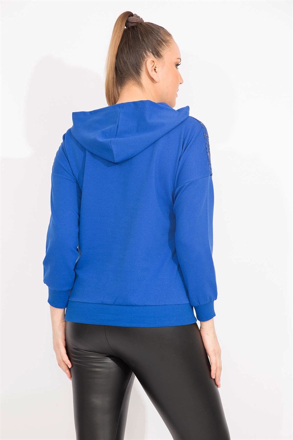 Kadın Saks Robası Dantel Ve Kapşon Detaylı Kanguru Cepli Sweat Shirt 65N35463