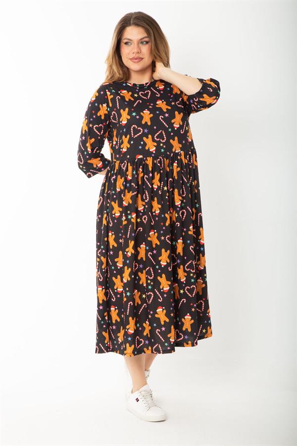 Kadın Büyük Beden Siyah Noel Desenli Belden Büzgülü Kapri Kollu Elbise 65N37427