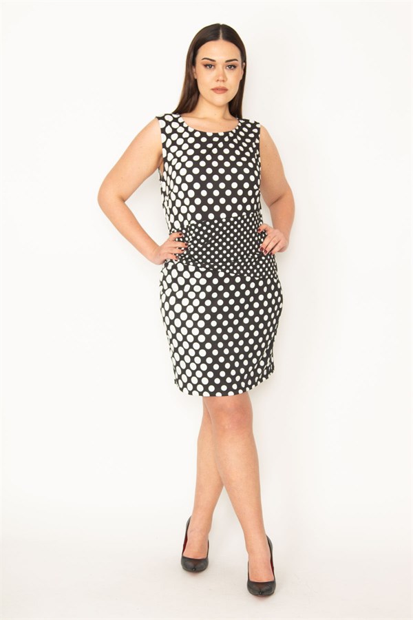 KADIN SİYAH BEL DRAPELİ PUAN DESENLİ ELBİSE