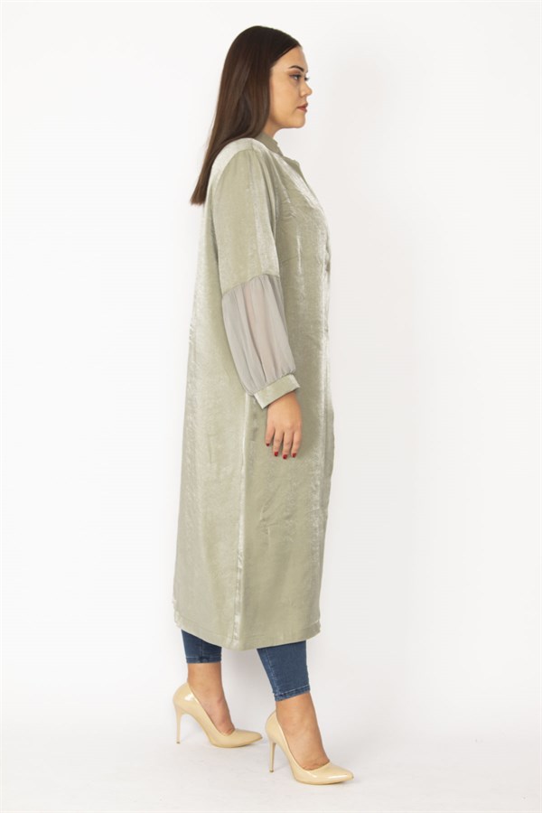 Kadın Siyah Simli Kumaş Kol Ağzı Şifon Detaylı Hakim Yaka Ön Düğmeli Uzun Kap 65N28483